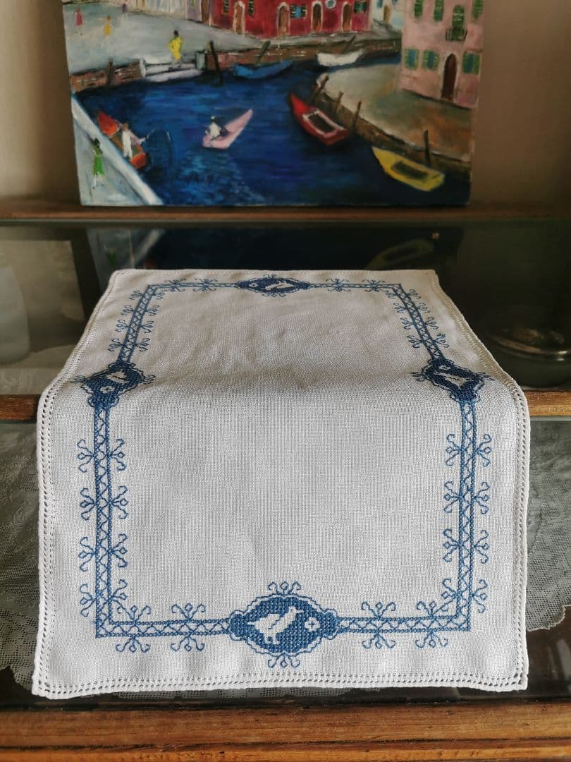 アンティークフランス 青い鳥のクロスステッチ刺繍 青糸刺繍ランナー リネンクロス