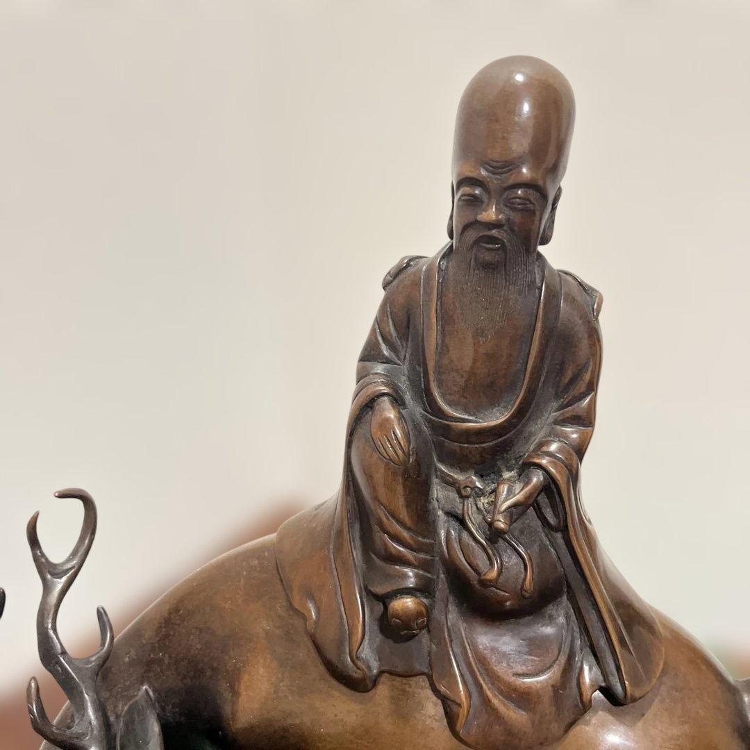 青銅製 鹿に乗る福禄寿　宝珠香炉