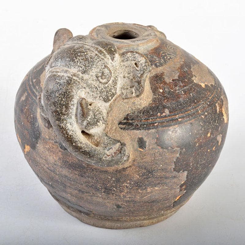 Yuri　タイ古陶磁　スンコロク　宋胡録　黒釉　象飾壷　V　R4578