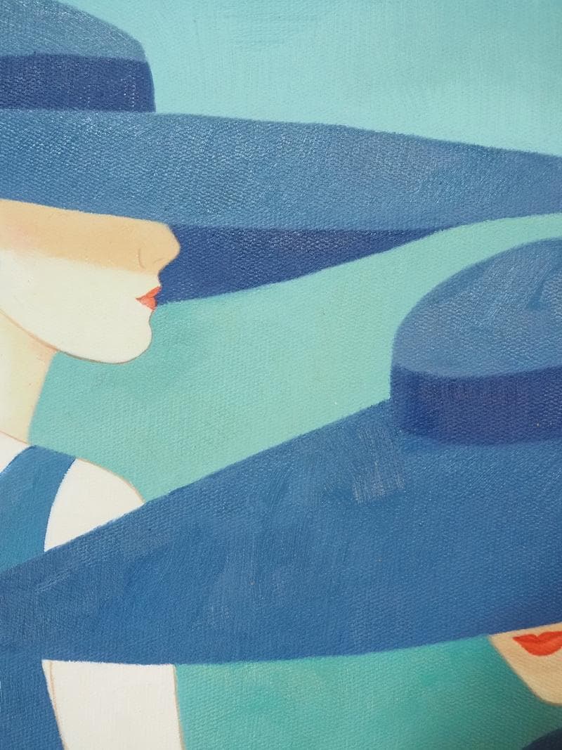 【値下げ】油絵　美人像　鶴田一郎　M10号　笠美人　額付き　手描き　肉筆