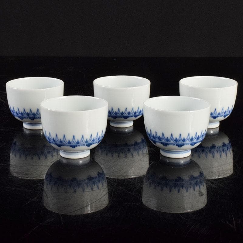 京焼　平安陶工　清山　染付　酒盃　五客　時代箱付　M　R4963