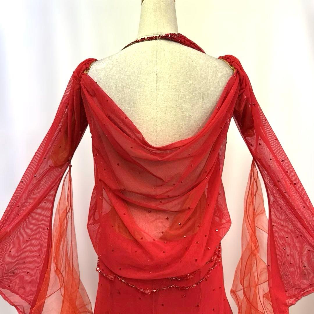 6312★M 赤 ドレープ スワロミックス スタンダードドレス 社交ダンス