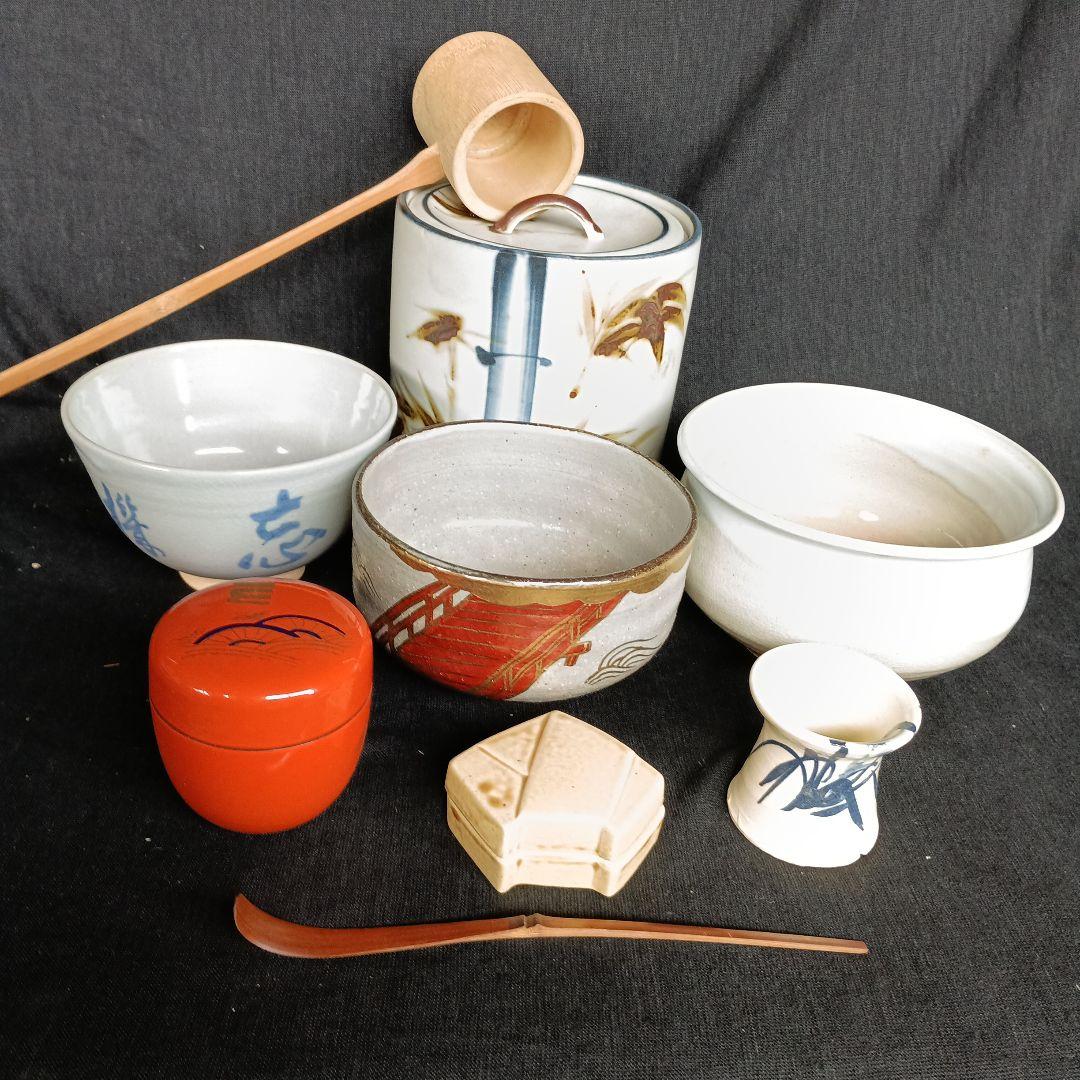 短冊　お点前セット　9点　茶筅なし　木箱に汚れあり