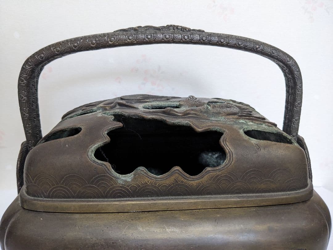 ⭐ 福壽双鶴龍紋様！香炉 銅器 明治時代 手炉 唐物 唐銅 香道具 骨董品レア物