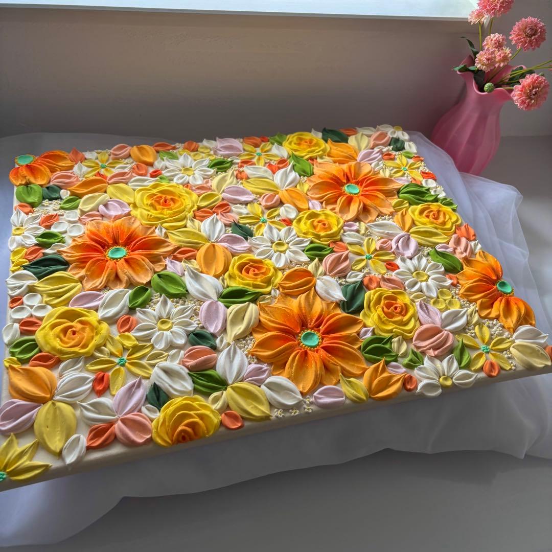 テクスチャーアート　花束　壁掛け　海外　現代アート　花の絵　フラワーアート