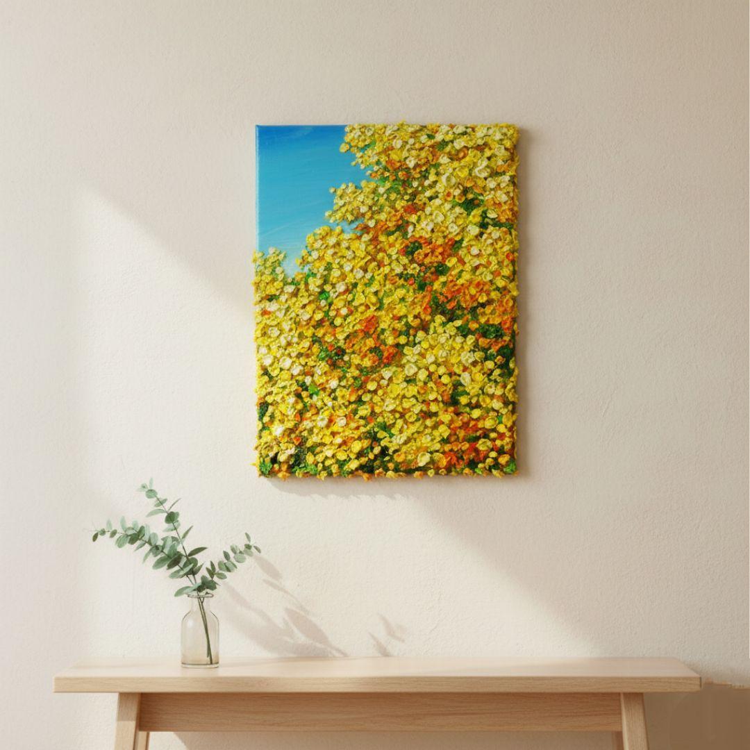 油絵 油彩 油彩画 絵 絵画 【青い空とミモザ】