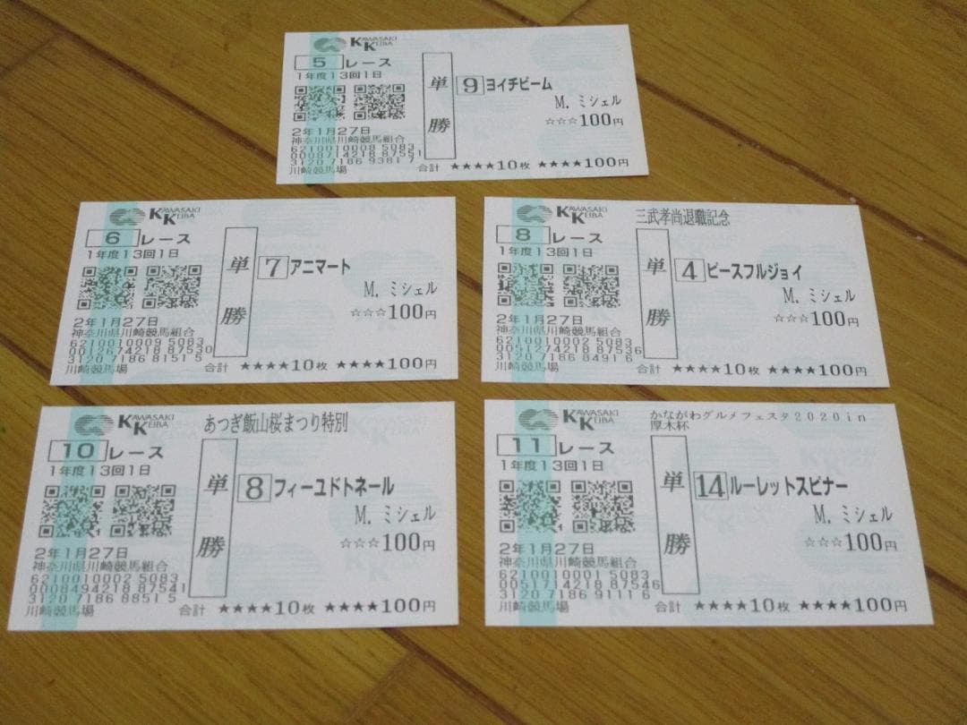 競馬 ミカエル・ミシェル騎手 地方競馬（川崎競馬場）初騎乗時現地単勝馬券5種