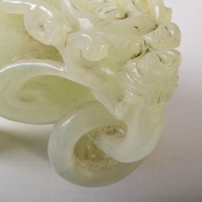 中国　玉石彫刻　雙耳活環　獅子鈕蓋爐　三足香炉　唐木台付　C　8256