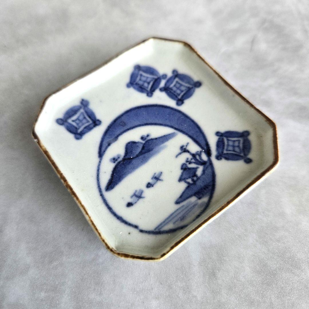 古伊万里　染付　豆皿　小皿　七宝　月　江戸　金直し　金継ぎ　骨董　アンティーク