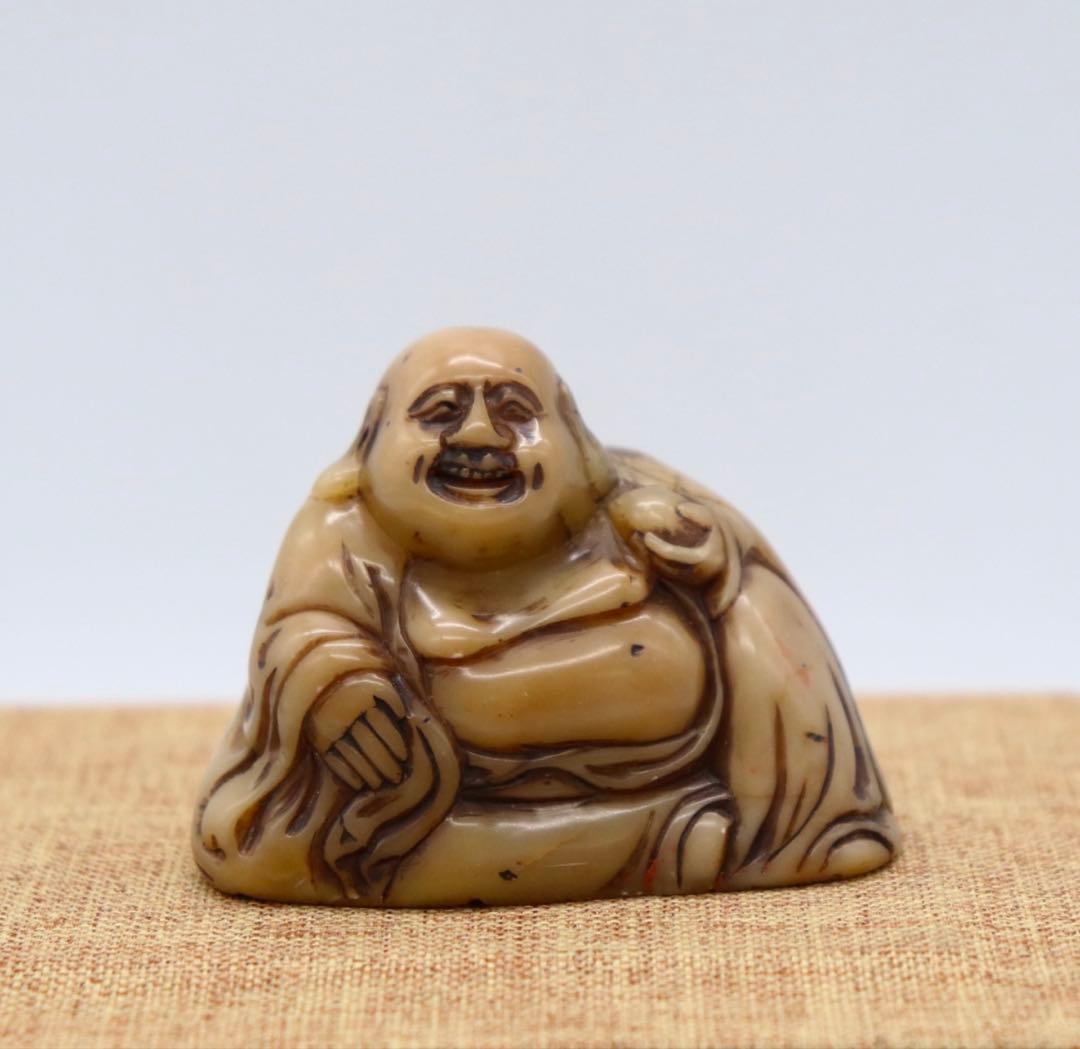 中国　清時代　寿山石彫布袋　印材　置物　重さ86g 箱入　送料込み250816