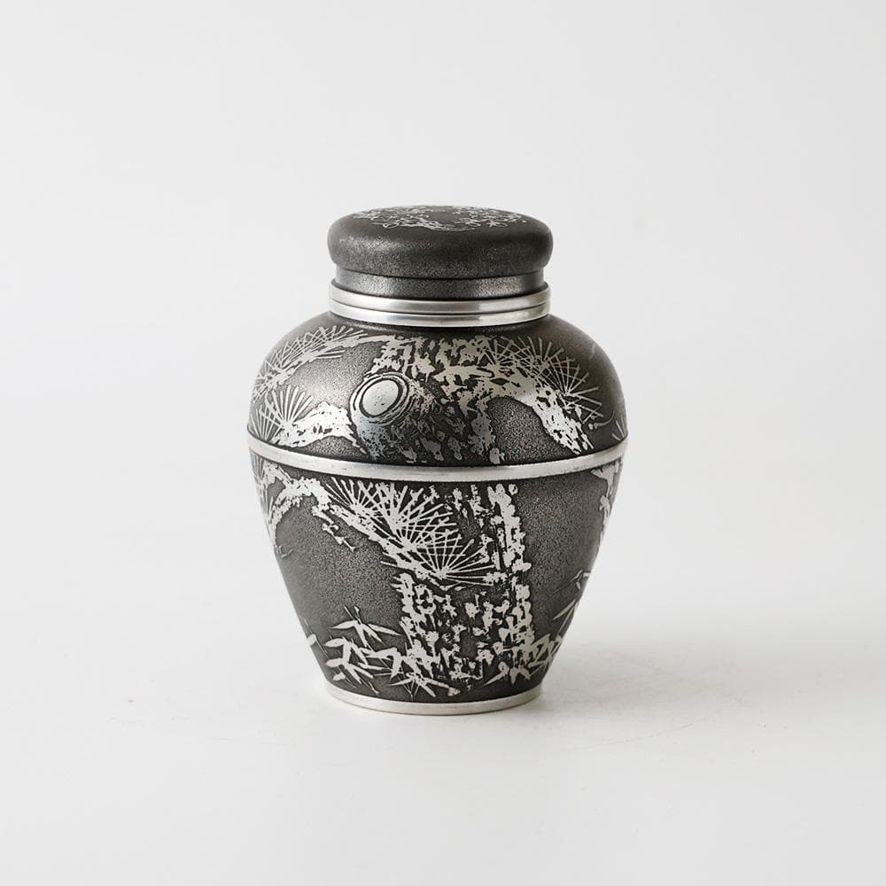 T 上錫　錫半　茶入　茶壺　茶入壺　四君子文　金属工芸　441ｇ