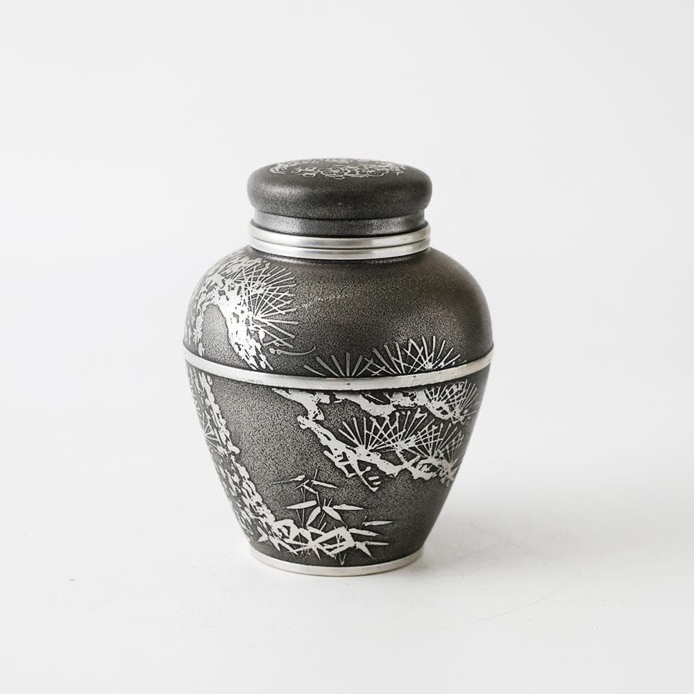 T 上錫　錫半　茶入　茶壺　茶入壺　四君子文　金属工芸　441ｇ