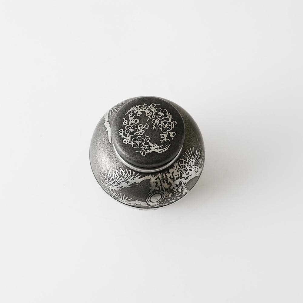 T 上錫　錫半　茶入　茶壺　茶入壺　四君子文　金属工芸　441ｇ