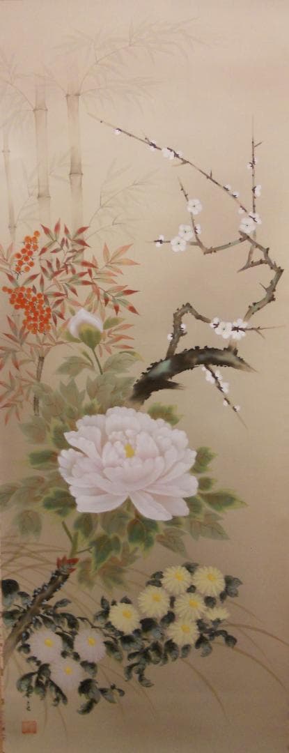 掛け軸 金子華春 『 四季花 』 絹本 希少 軸装 茶道具 掛軸 美品 です。