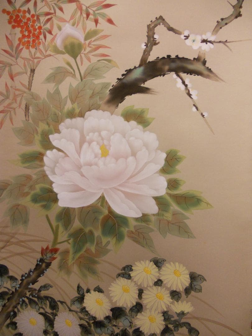 掛け軸 金子華春 『 四季花 』 絹本 希少 軸装 茶道具 掛軸 美品 です。