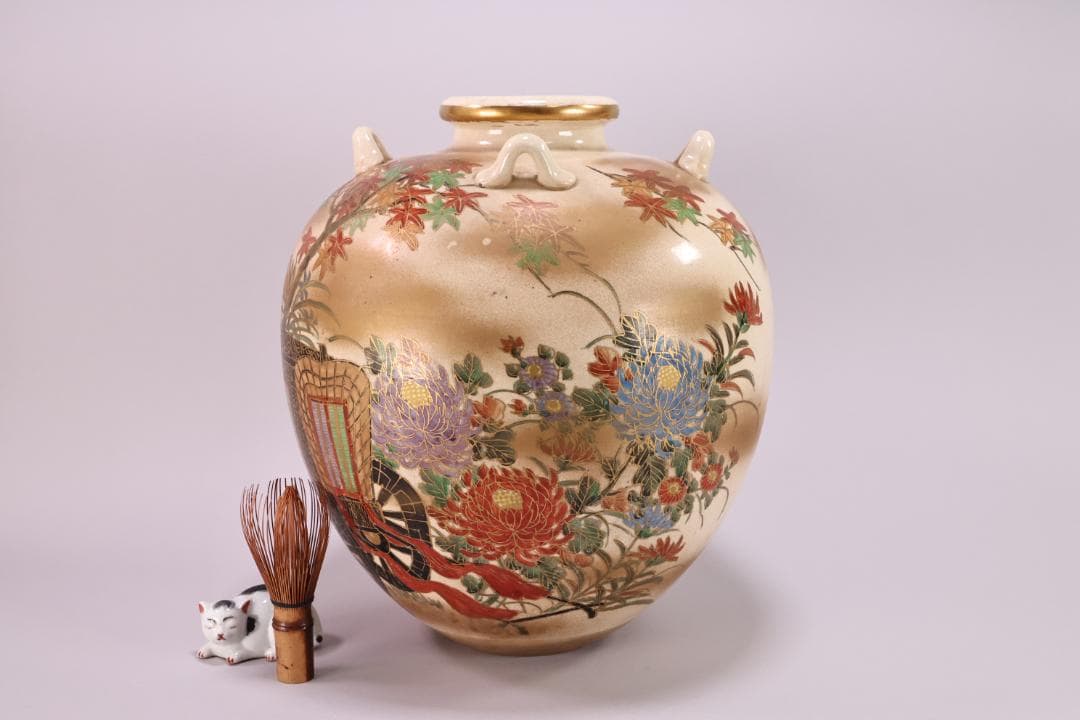 仁清 写　 色絵 金雲菊花御所車図　四耳壺　茶壺　花瓶　壷　花器　BK49