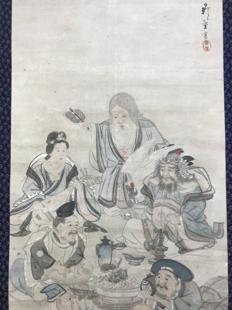 真作/柴田義董/七福神図/人物図/掛軸☆宝船☆AE-430