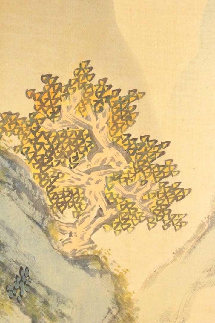 No5217 掛軸　雲外山人　在銘　青緑山水人物画　山水　着色絹本　送料無料