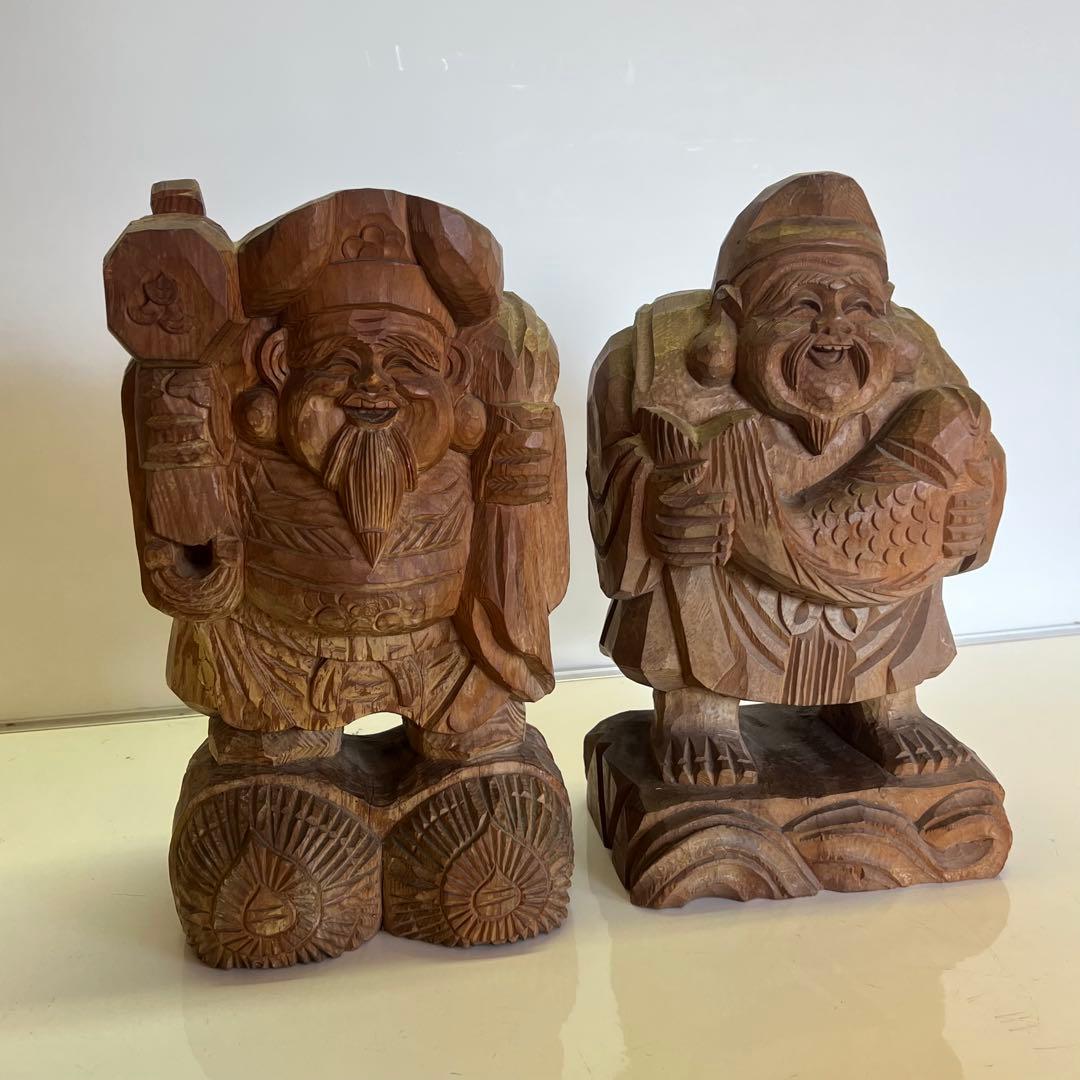 明治期 木彫 恵比寿大黒像 一対 商売繁盛 福神像 高さ35cm◎古美術 庵々