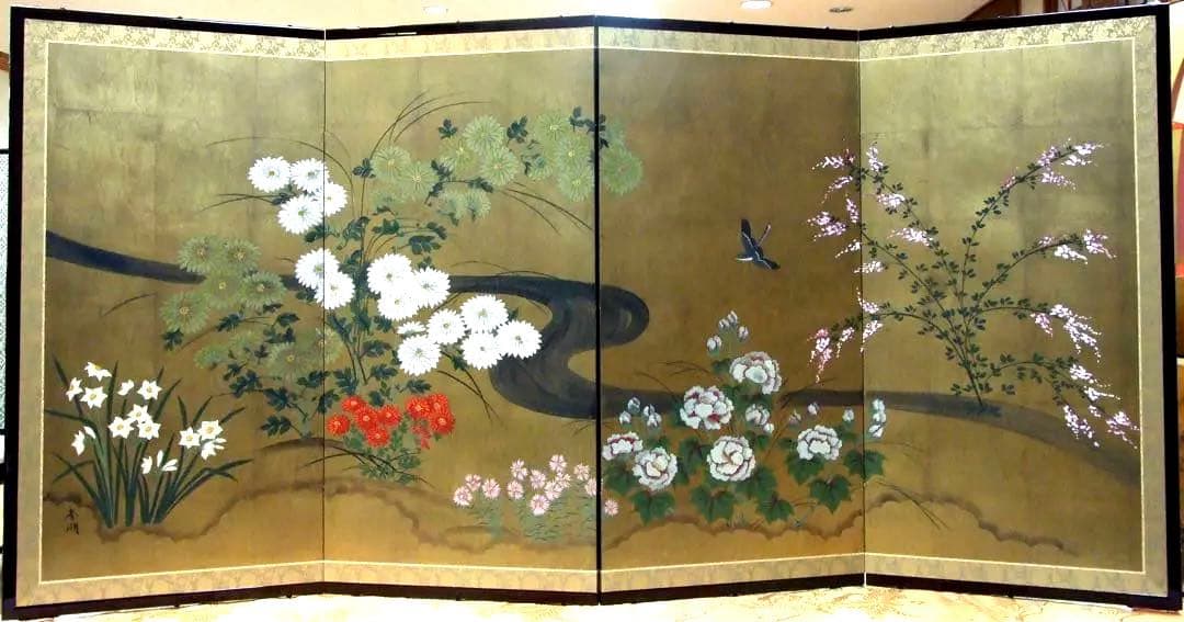 四つ折り屏風　日本画　金箔彩色　琳派 四季花