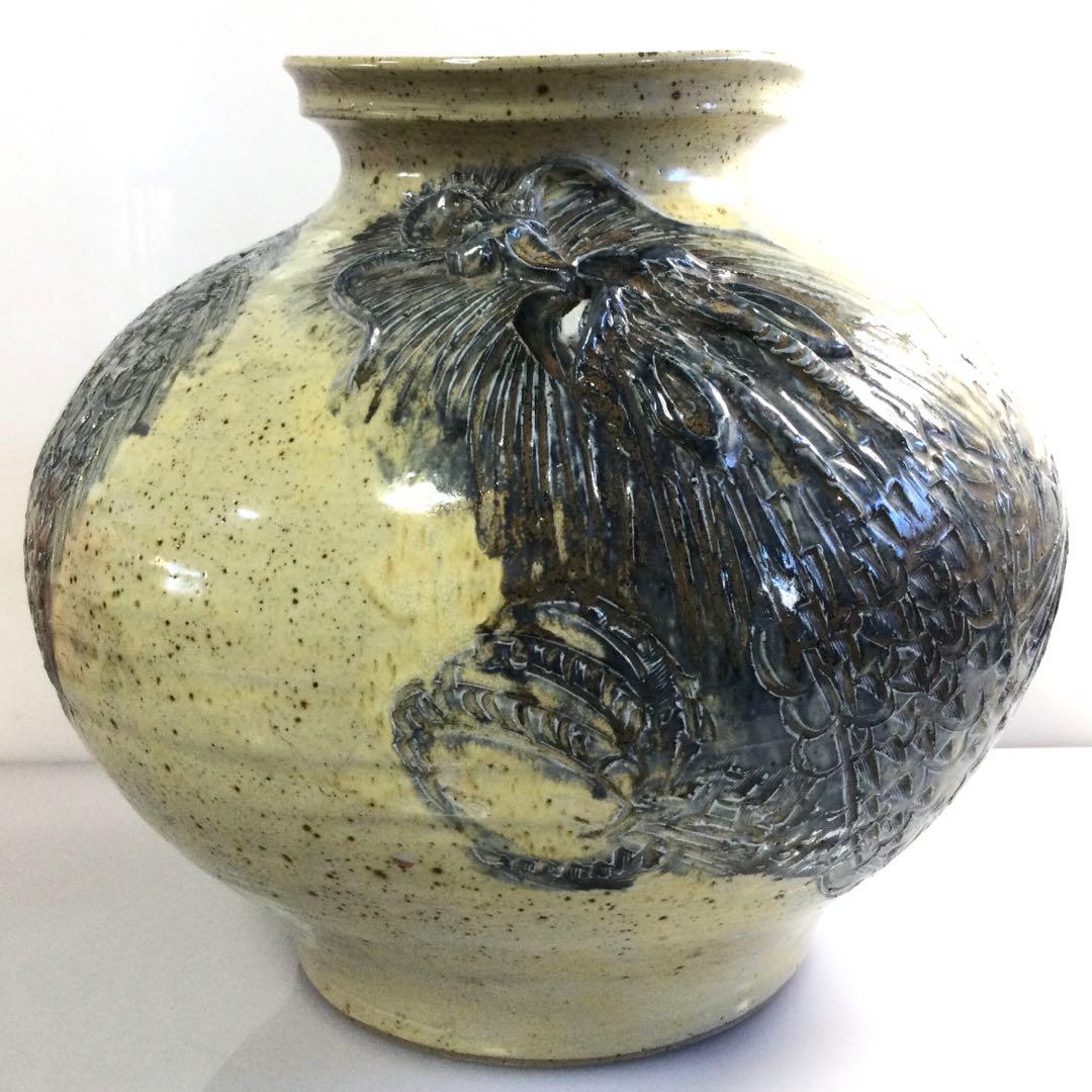 砥部焼 龍彫花瓶 飾壺 森元青芳作 花器 花入 L322