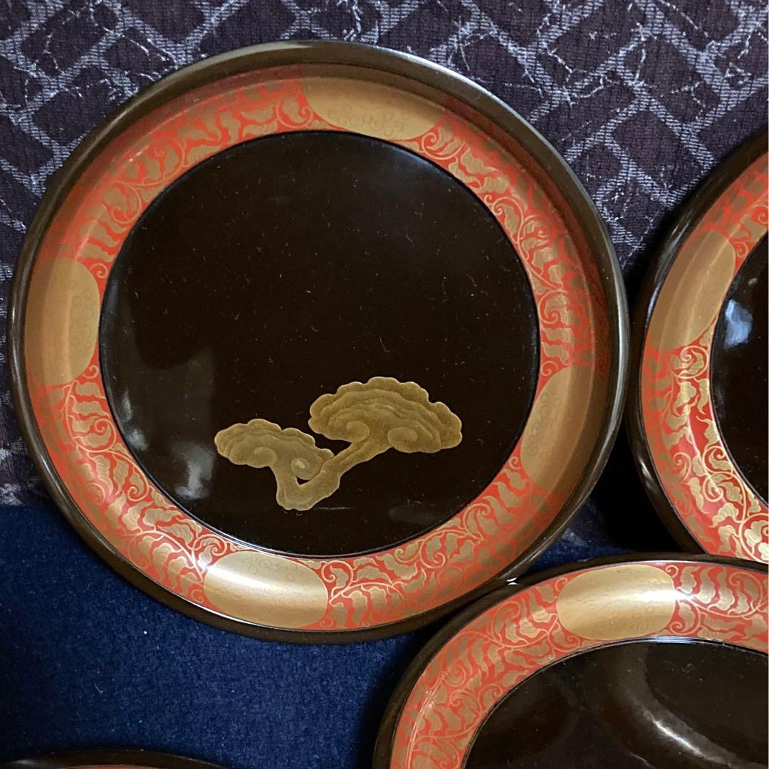 研出蒔絵　霊芝紋木皿　五枚組