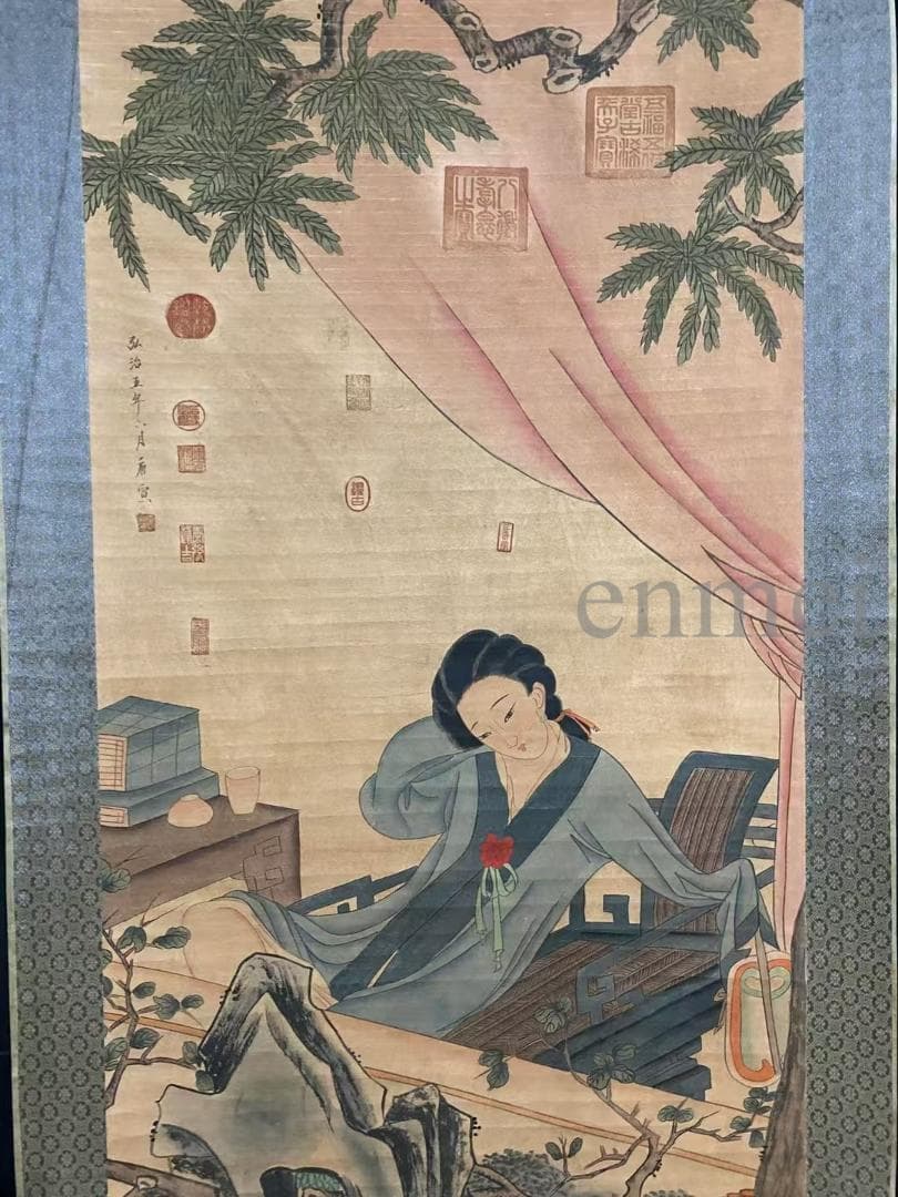 中国古美術・旧藏・明代風・唐寅款・人物図・手描き中堂画・宣紙・掛軸・書画・骨董