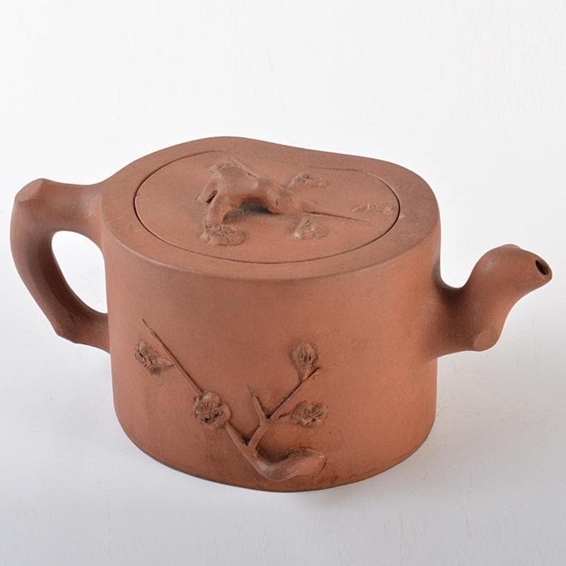 中国　宣興紫砂　朱泥　刻梅文　急須　茶壷　Y　R6553