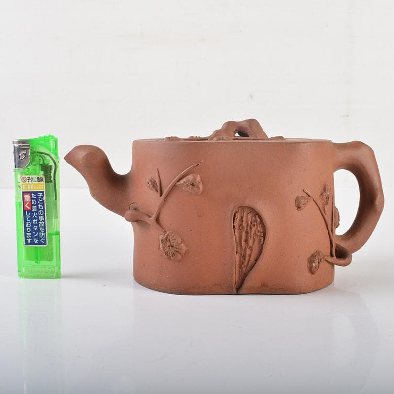 中国　宣興紫砂　朱泥　刻梅文　急須　茶壷　Y　R6553