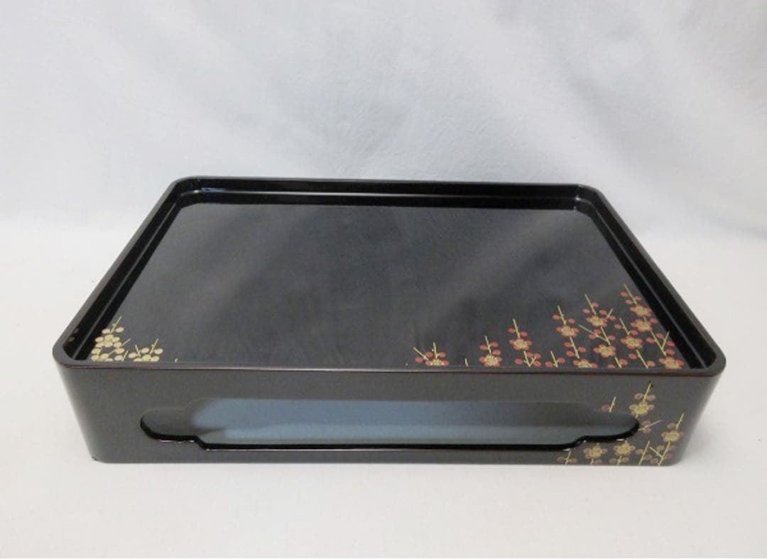 ほぼ未使用 茶道具 天然木製 本漆黒塗 会津塗 屠蘇器 立梅蒔絵 元箱