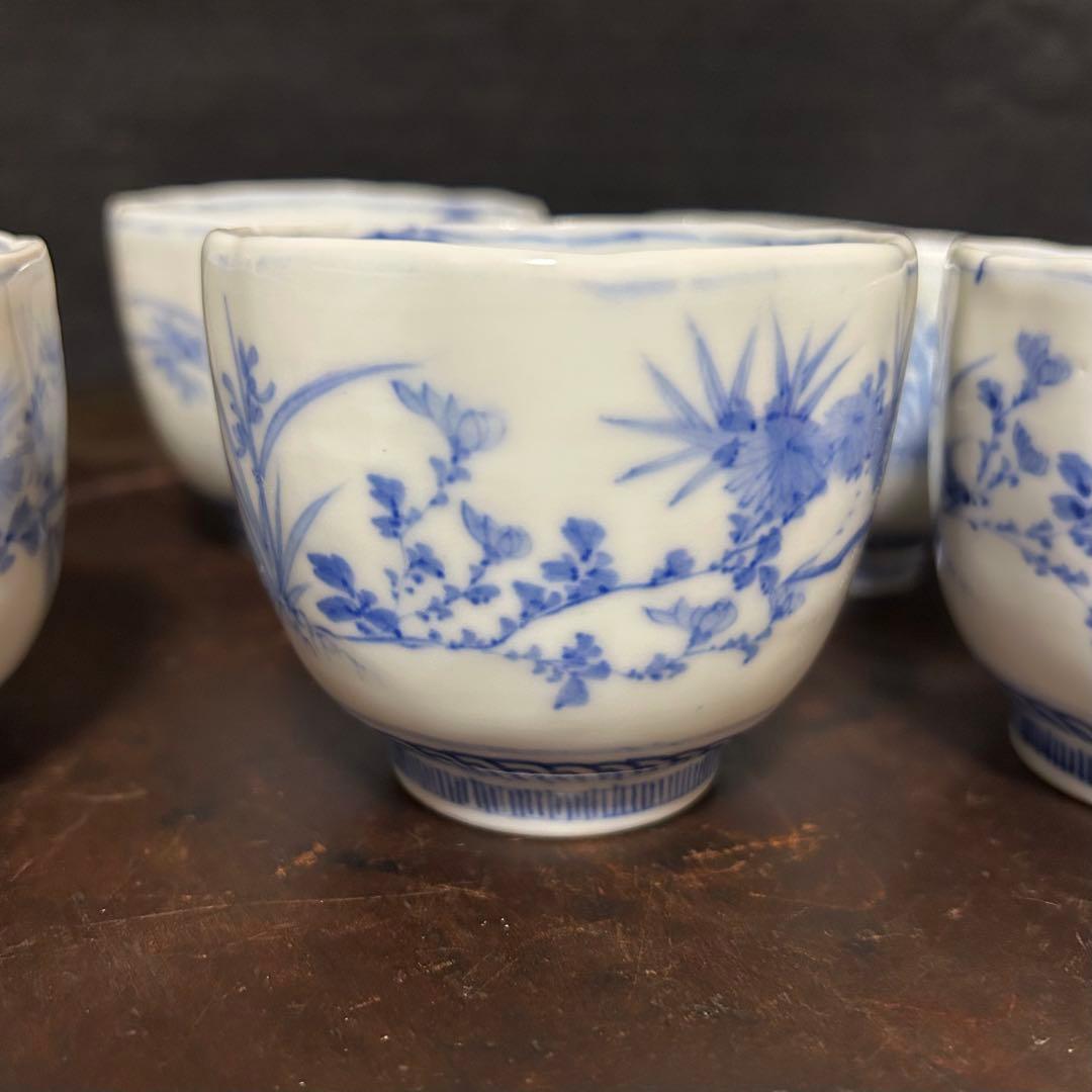 江戸期　上手古伊万里　「草花梅図猪口　五客揃」無傷　本物保証