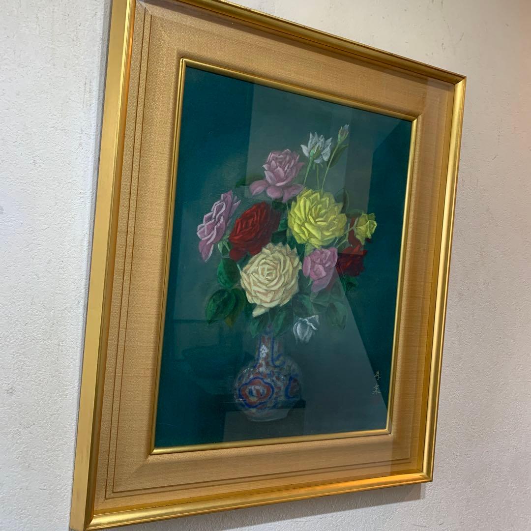 日本画　額装　真作　五十川昇乗『ばら』サイン落款有り　大判　さし箱付き