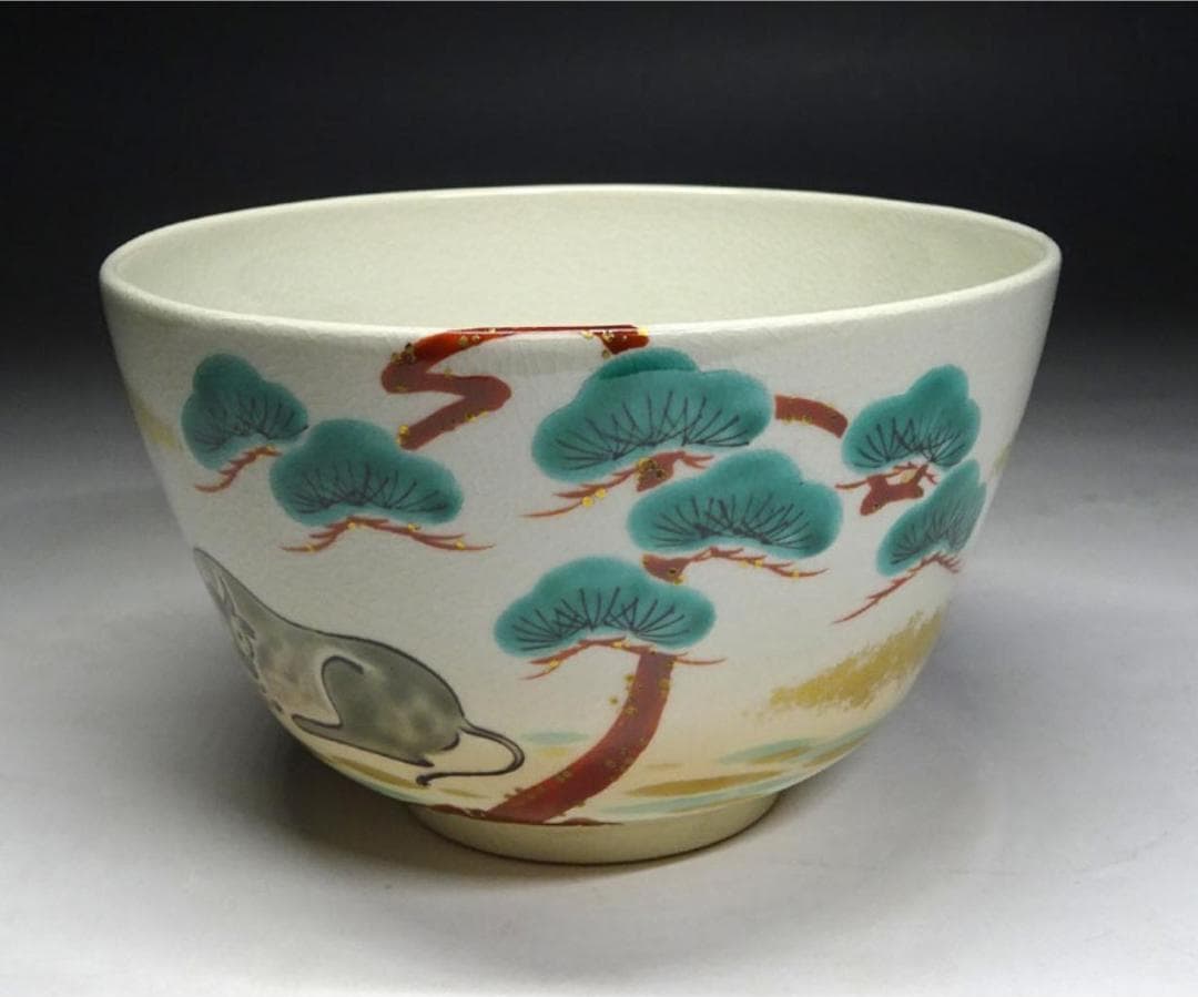 京焼 茶道具 平安清峰造 仁清風 色絵 茶碗 牛紋 共布 共箱 n12642