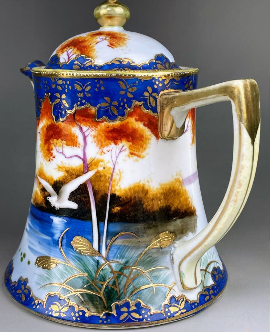 オールドニッポン カモメ 風景図 ティーポット アールヌーボー 金盛り