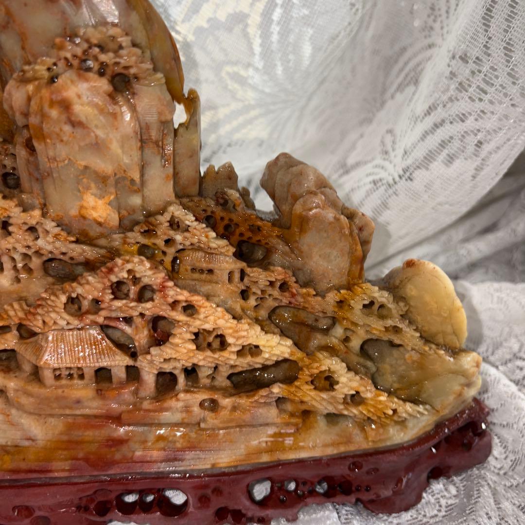 中国翡翠 彫刻 風景 船 山景色　置物　アート　40cm