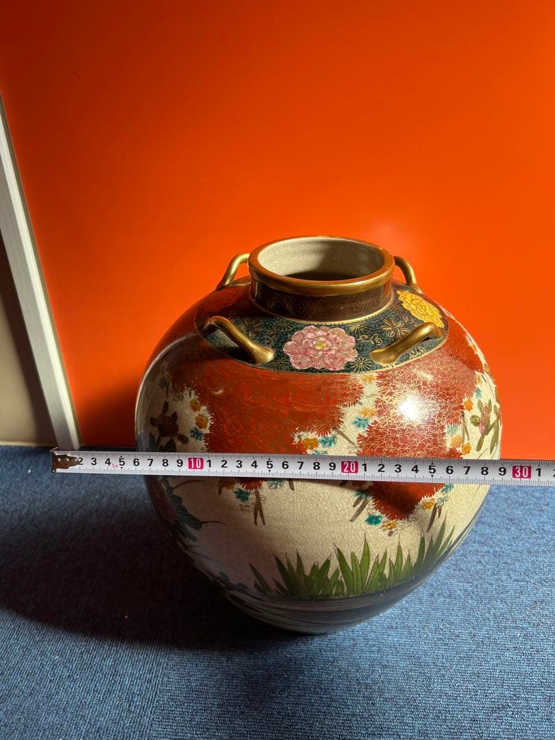 890 九谷焼 湖東 四つ耳付  花鳥　大壺 花入れ 花瓶　時代物