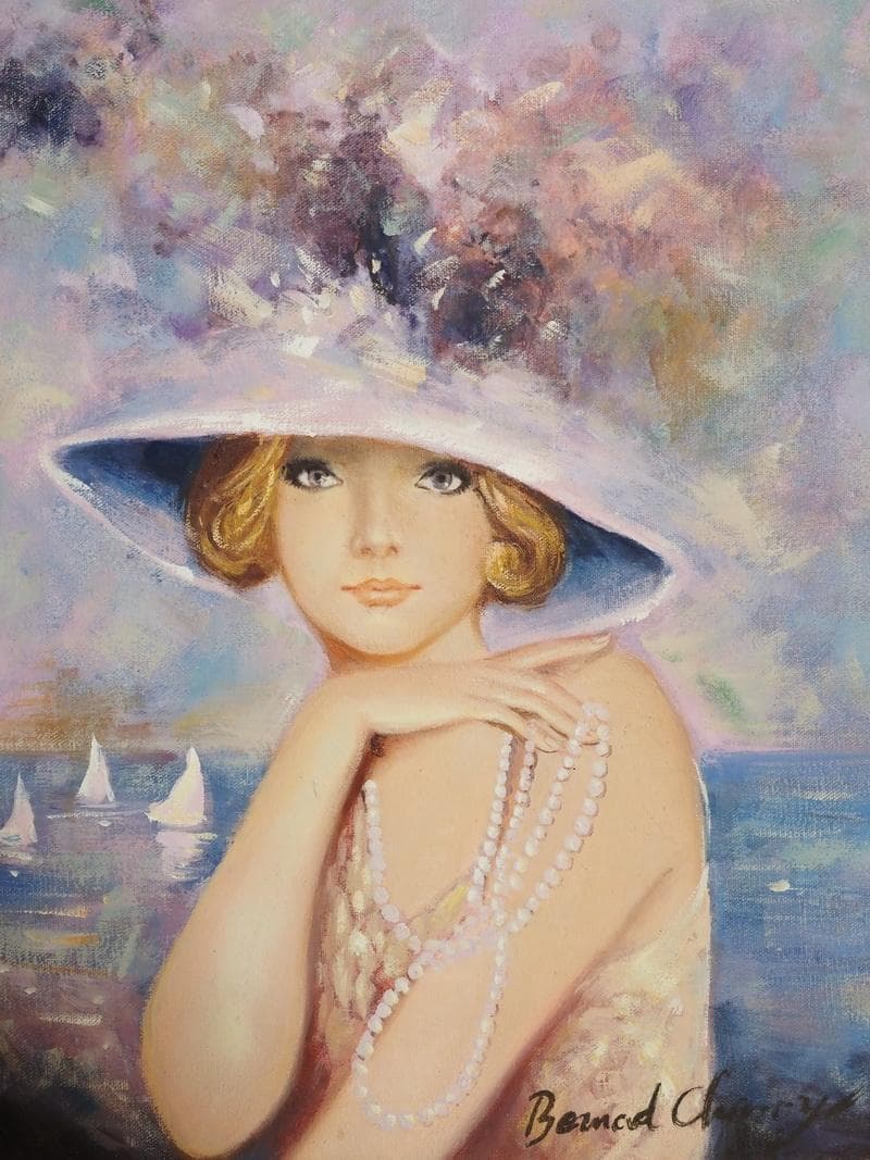 人物画　油絵　ベルナール・シャロワ　フランス　F6　額付き　手描き　肉筆