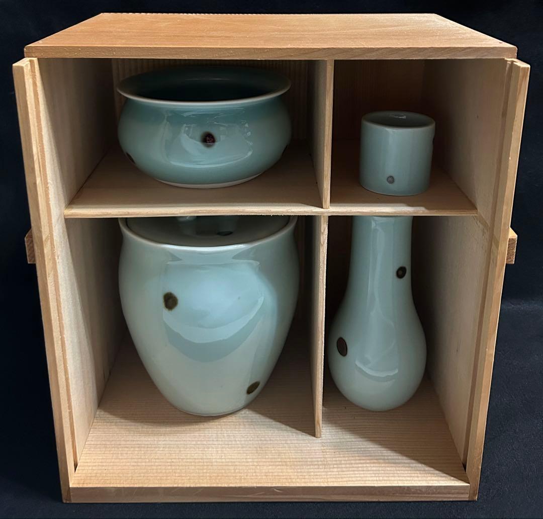 西尾瑞豊 とび青磁 皆具 茶道 茶道具 青磁 飛青磁 陶芸 共箱 木箱