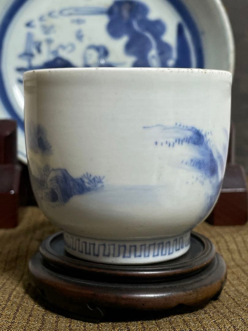 古平戸焼 染付 松竹に龍虎の図 蓋付湯呑 み茶碗 茶道具 江戸時代