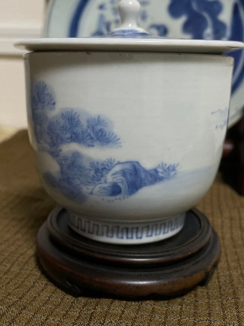 古平戸焼 染付 松竹に龍虎の図 蓋付湯呑 み茶碗 茶道具 江戸時代