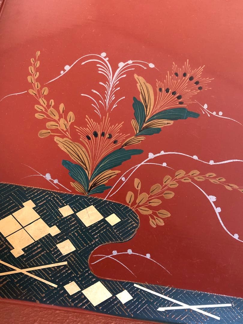 《R》朱塗 蒔絵 四方膳 会席膳5客 銘々盆 木製漆器 260209け1