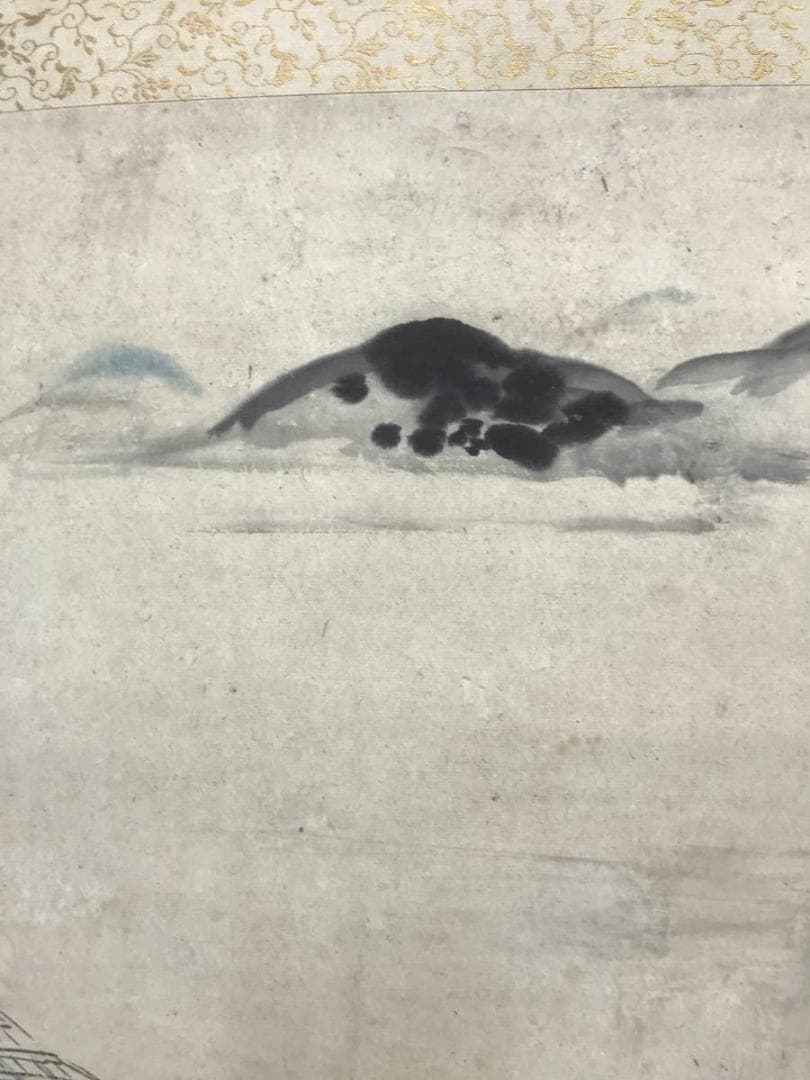 【真作】狩野伊川院/湖畔に水鳥図/山水図/横物/掛軸/名家伝来/AC-218