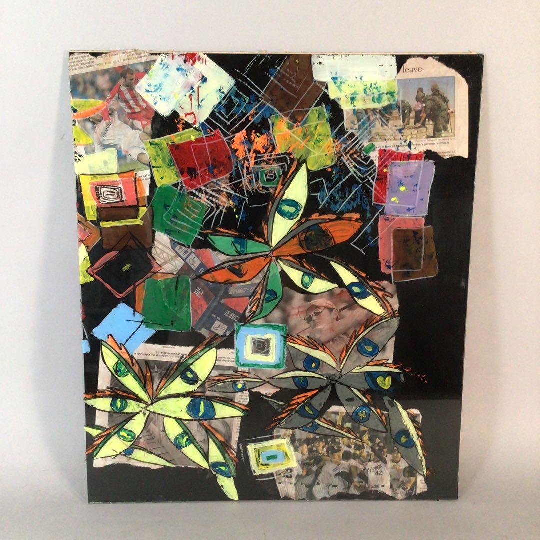 No3716 ガラス絵　荒木敬　「楽描 Ⅱ」紙箱付　コラージュ　抽象画　送料無料