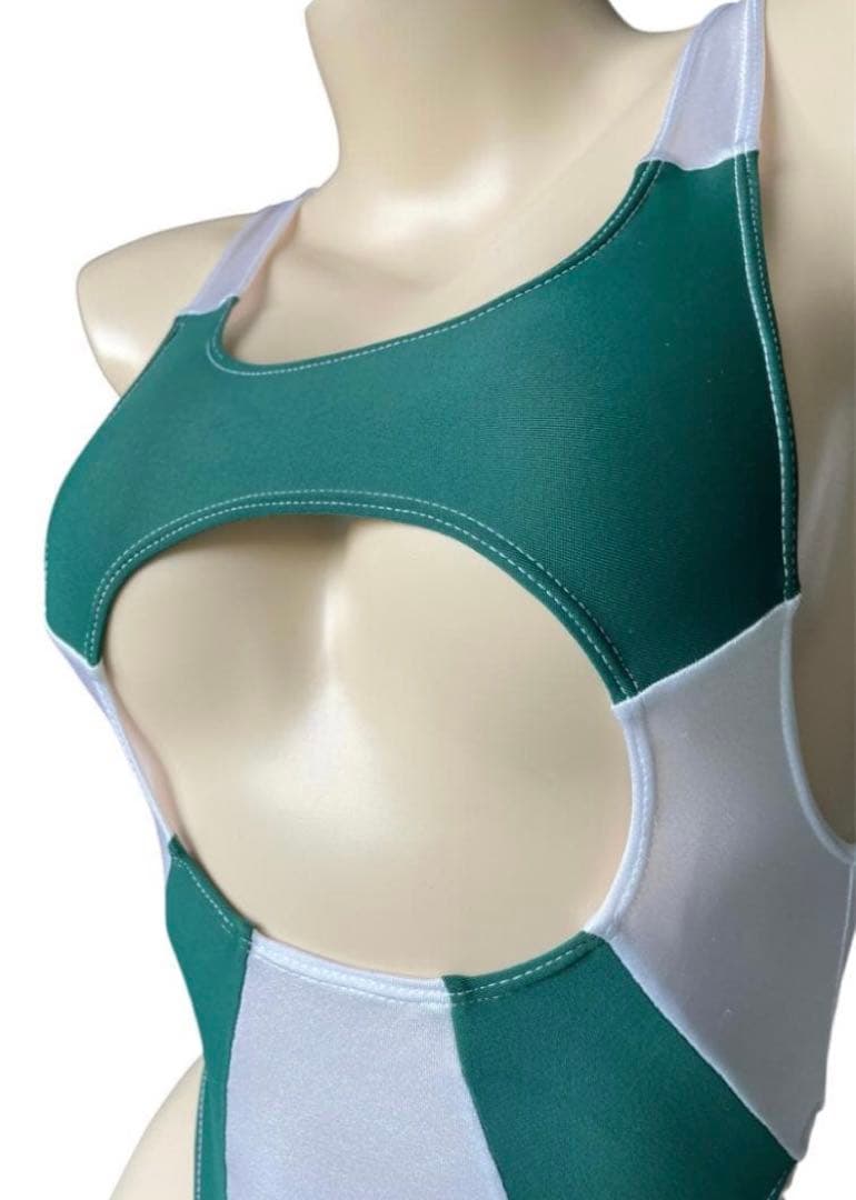 レオタード　ハイレグ　穴あき　フォレストグリーン×パールホワイト