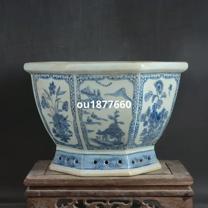 八方青花亭台楼高足鉢 盆栽鉢 植木鉢 多肉植物鉢 小品盆栽鉢 山野草鉢