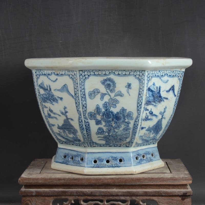 八方青花亭台楼高足鉢 盆栽鉢 植木鉢 多肉植物鉢 小品盆栽鉢 山野草鉢