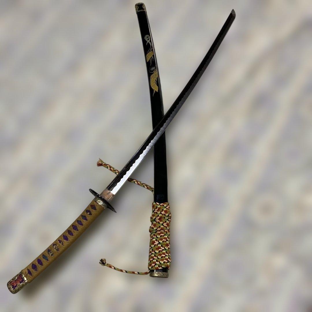 模造刀 太刀 金茶柄 鶴羽透し丸鍔 太刀造り龍図黒呂鞘