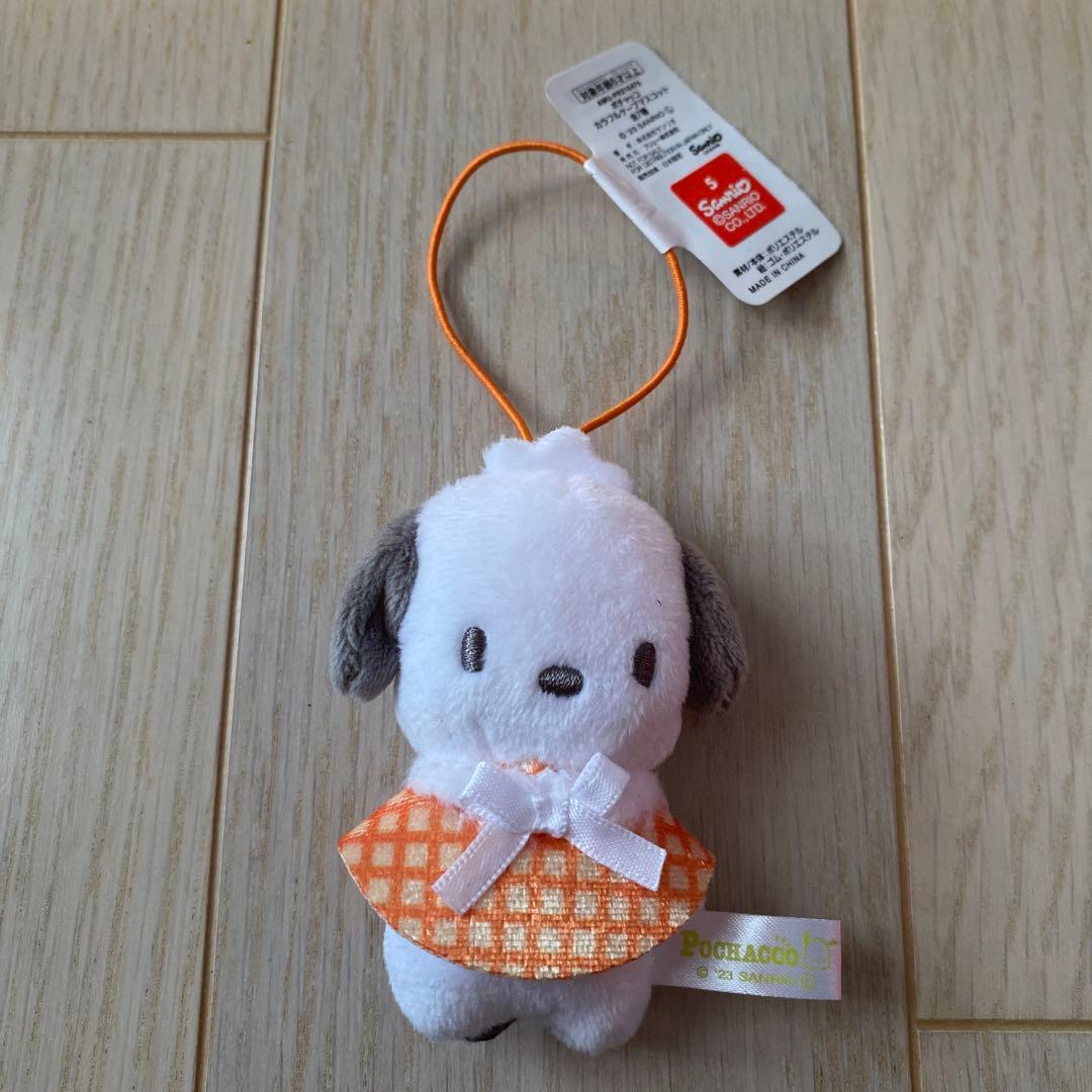 サンリオ　ポチャコ　ぬいぐるみストラップ オレンジチェック
