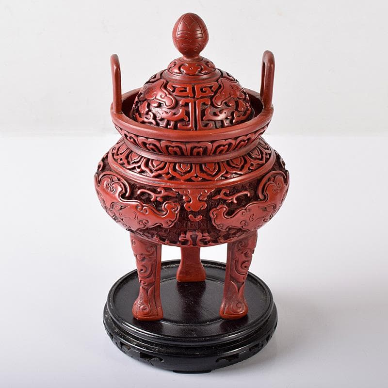 中国　剔紅　堆朱　神獣彫　香炉　唐木台付　D　R8251