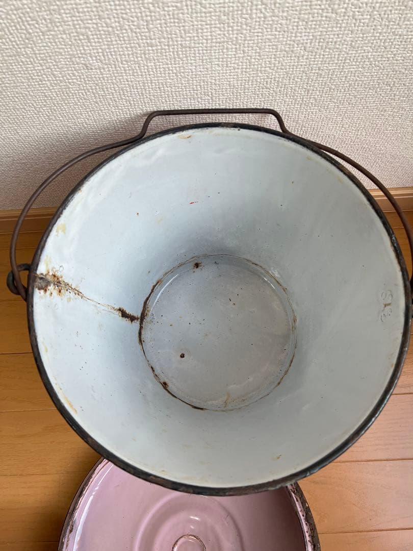 希少♡フランスアンティーク　ピンク　手描き　ホーロー　バケツ　ハンドペイント